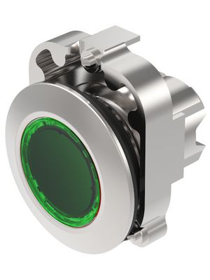 Illuminated Pushbutton, Momentary Function, Flat Button, Green / Metallic