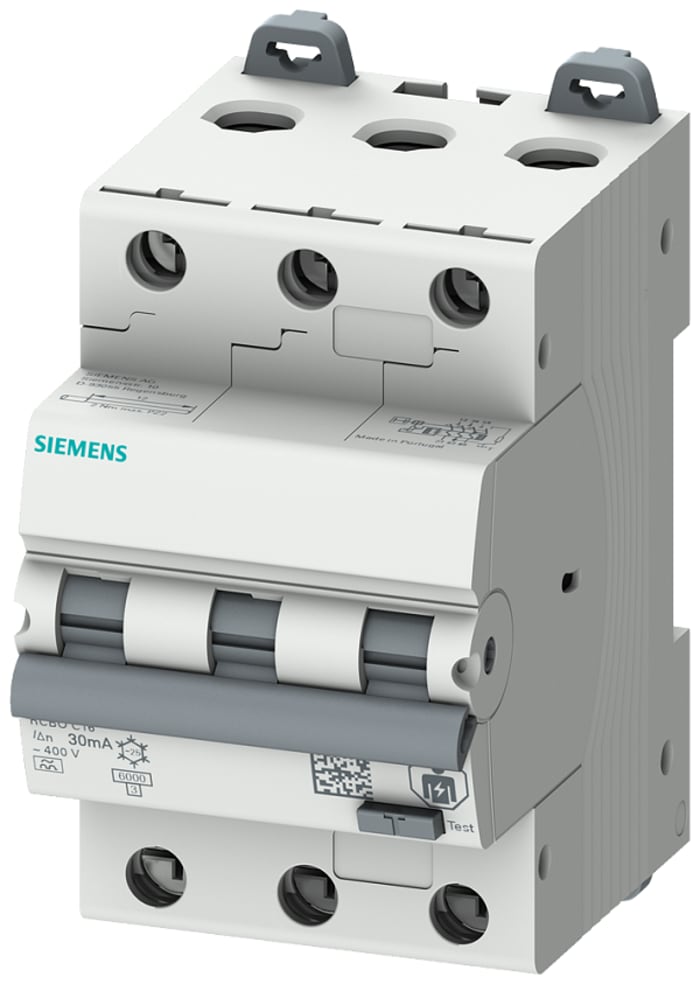 Siemens RCBO, 6A Current Rating, 3P Poles, 300mA Trip Sensitivity, Type C, Sentron Range