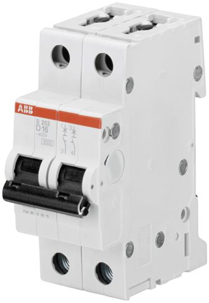 ABB System Pro M Compact S200 MCB, 2P Poles, 1A Curve D, 400V AC, 440V DC, 6 kA Breaking Capacity, MCB