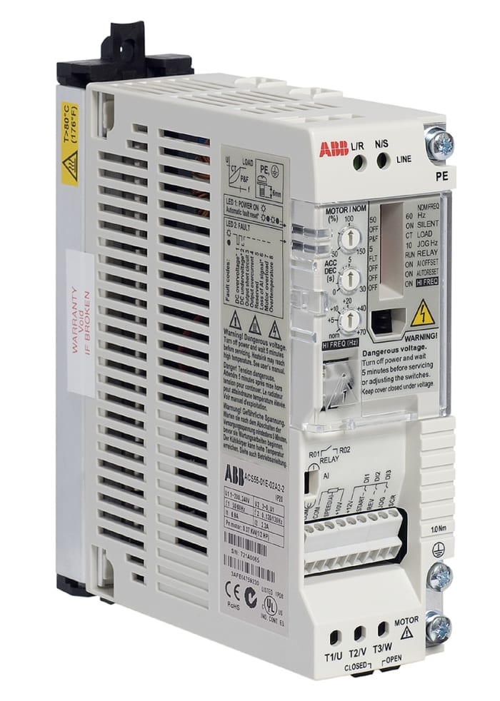 ABB ACS55 İnverter Sürücü, Tek Fazlı, 0,18 kW, 230 V, 1,4 A, 130Hz, EMC Filtreli