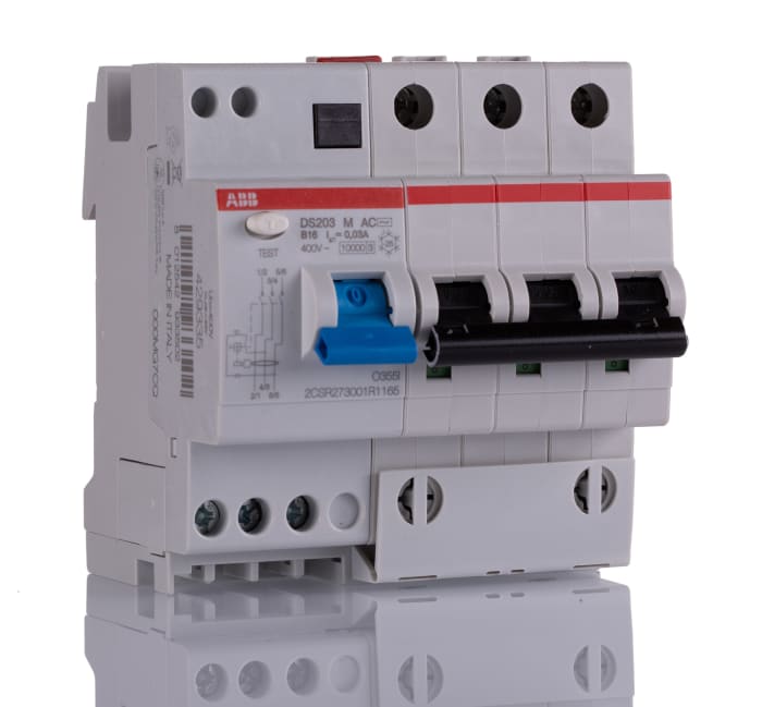 ABB RCBO, 16A Current Rating, 3P Poles, 30mA Trip Sensitivity, Type B, System Pro M Compact Range