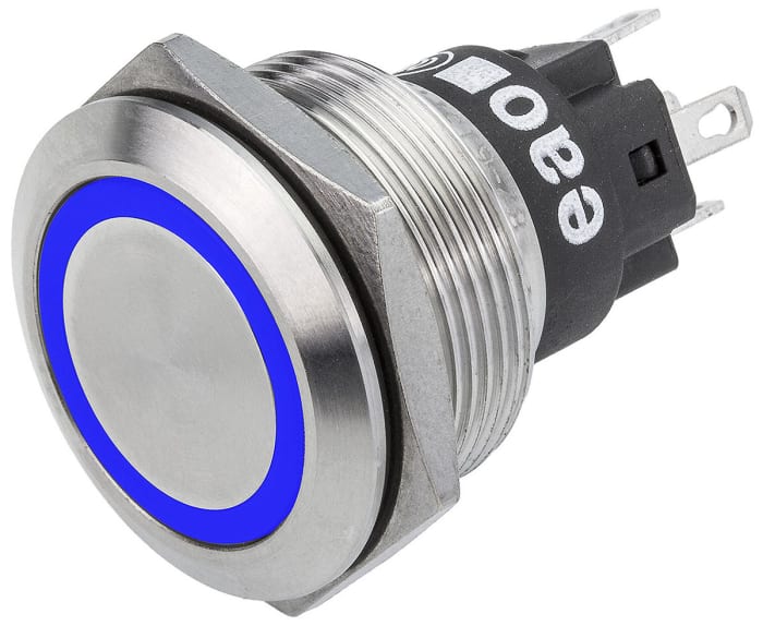 EAO 82 Series Illuminated Push Button Switch, Momentary, Panel Mount, 22.3mm Cutout, SPDT, Blue LED, 240V, IP65, IP67