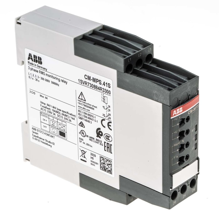 ABB Kontrol Rölesi, DPDT, Faz, Gerilim, 3 Fazlı, Besleme Gerilimi: 300 → 500 V ac