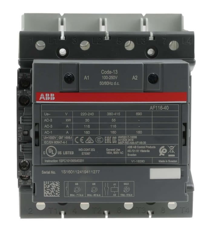AF116 AF Aralığı Kontaktör, 4 Kutuplu, 160 A, 75 kW, Bobin Gerilimi: 230 V ac