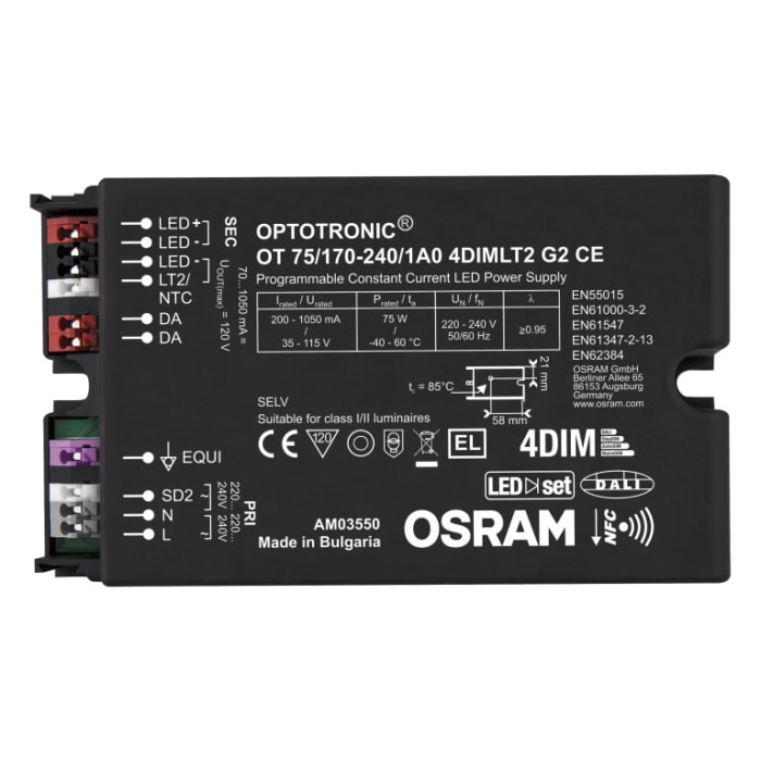 Osram 4052899981942Â, Akım Sınırlamalı LED Sürücü (LED Driver) 75W, 35 → 115V, OPTOTRONIC NFC Serisi