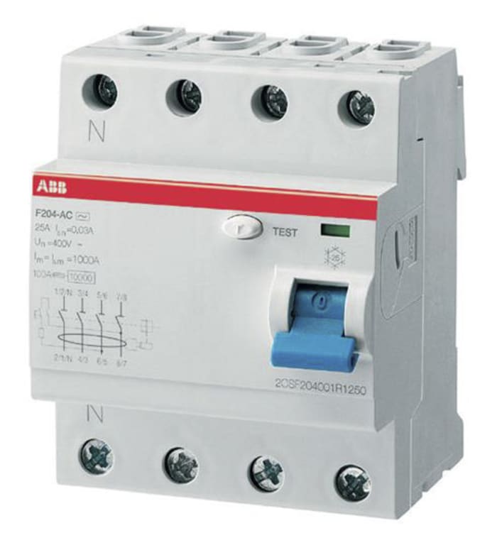 ABB Kaçak Akım Koruma Rölesi - RCD, Kesme: 300mA, 25 A, 4P, DIN Rayı