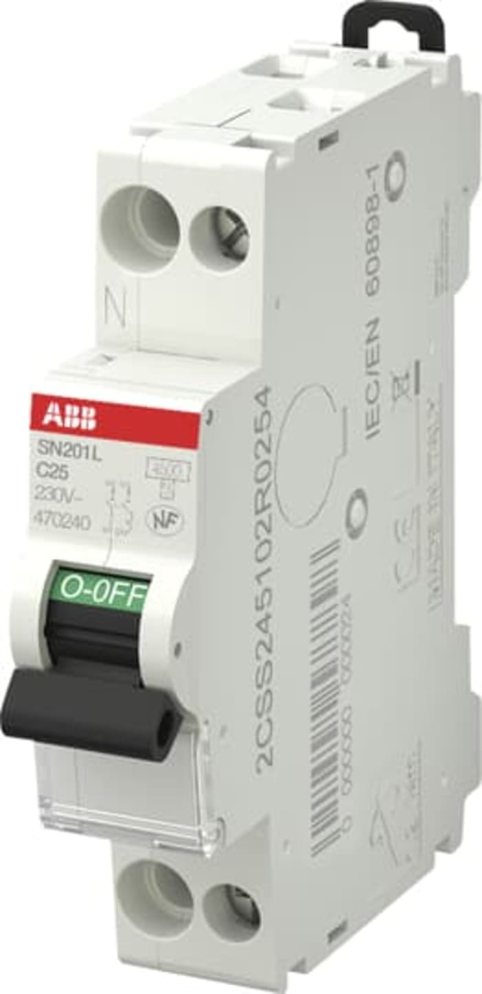 ABB SN201 MCB, 1P+N Poles, 25A Curve C, 230V AC, 4.5 kA Breaking Capacity, MCB