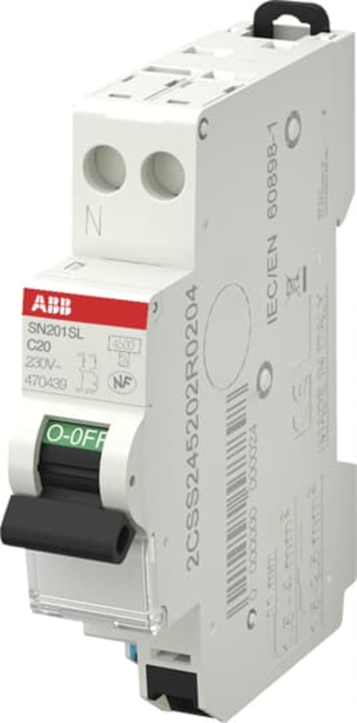 ABB SN201 MCB, 1P+N Poles, 20A Curve C, 230V AC, 4.5 kA Breaking Capacity, MCB