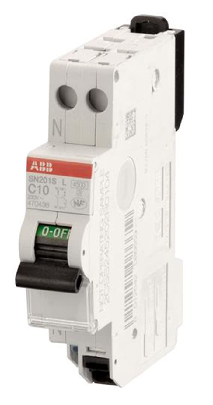 ABB SN201 MCB, 1P+N Poles, 10A Curve C, 230V AC, 6 kA Breaking Capacity, MCB