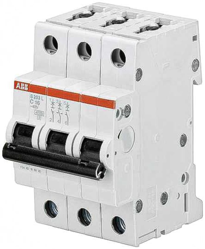 ABB System Pro M Compact S200L MCB, 3P Poles, 16A Curve C, 400V AC, 6 kA Breaking Capacity, MCB