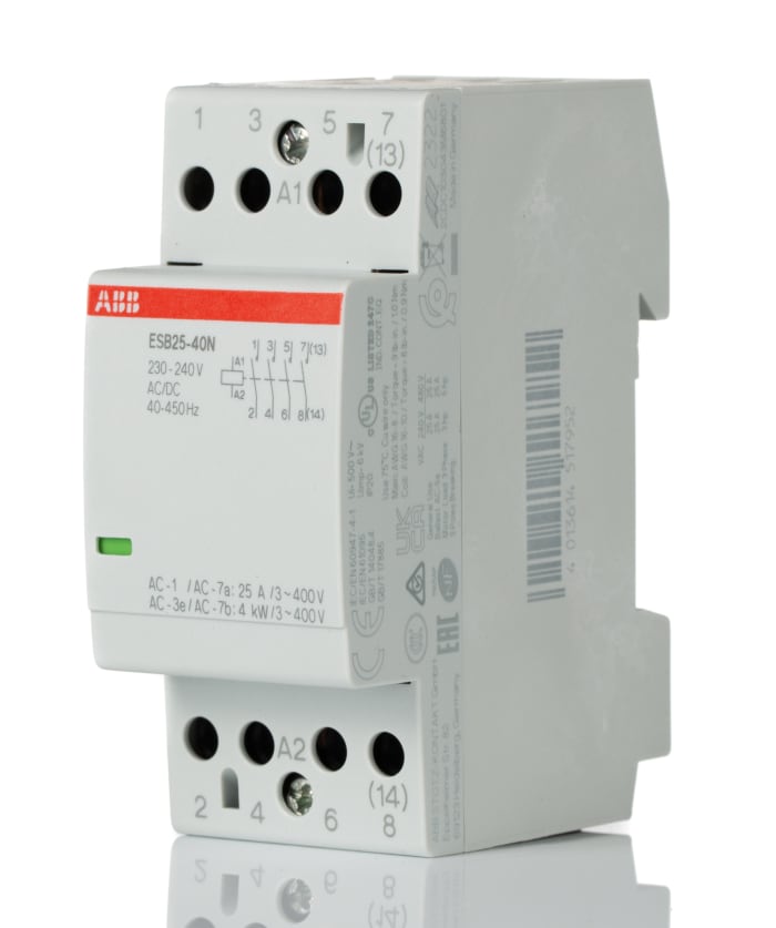 ABB Contactor, 230 V ac Coil, 4-Pole, 25 A, 4 kW, 4NO, 230 → 240 V ac/dc