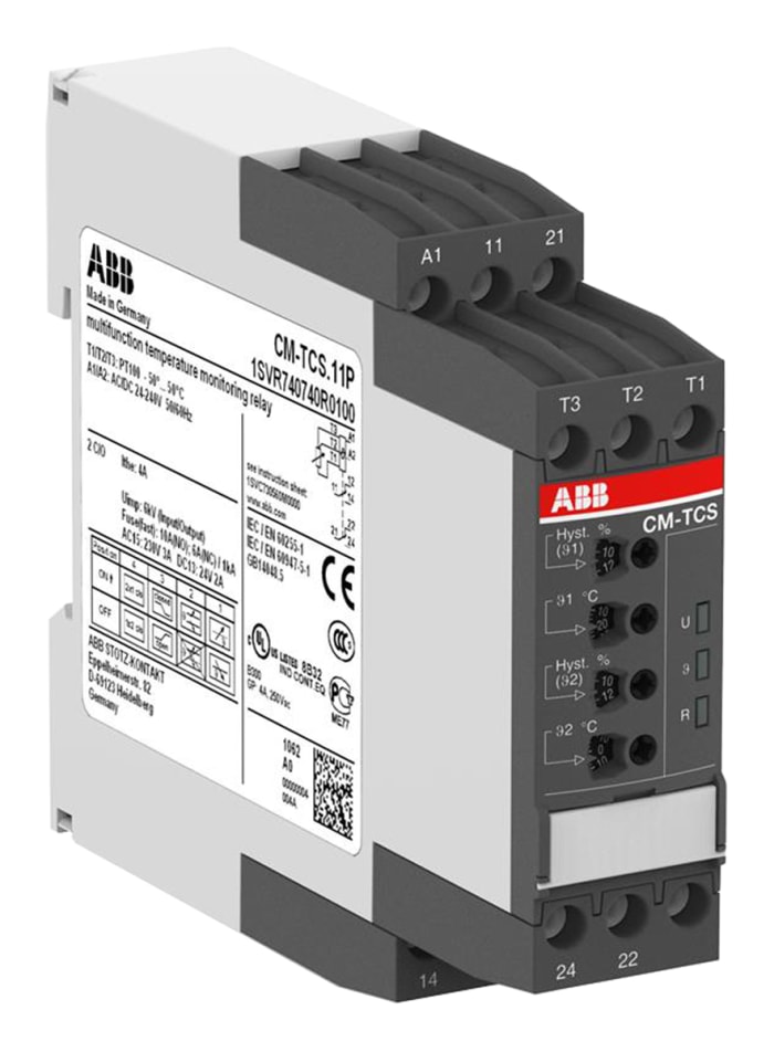 ABB Kontrol Rölesi, SPDT, Sıcaklık, 3 Fazlı, Besleme Gerilimi: 24 → 240 V ac/dc