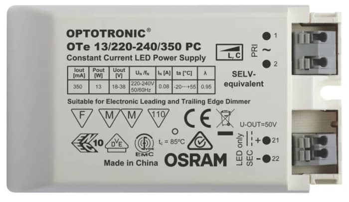 Osram LED Driver, 18 → 38V Output, 13W Output, 350mA Output, Constant Current Dimmable