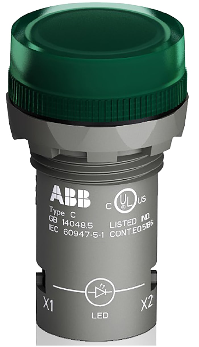 ABB, Yeşil LEDli Sinyal Lambası, Yuvarlak, 17 mA, 22,3mm, IP66, IP67, IP69K, 230 V ac