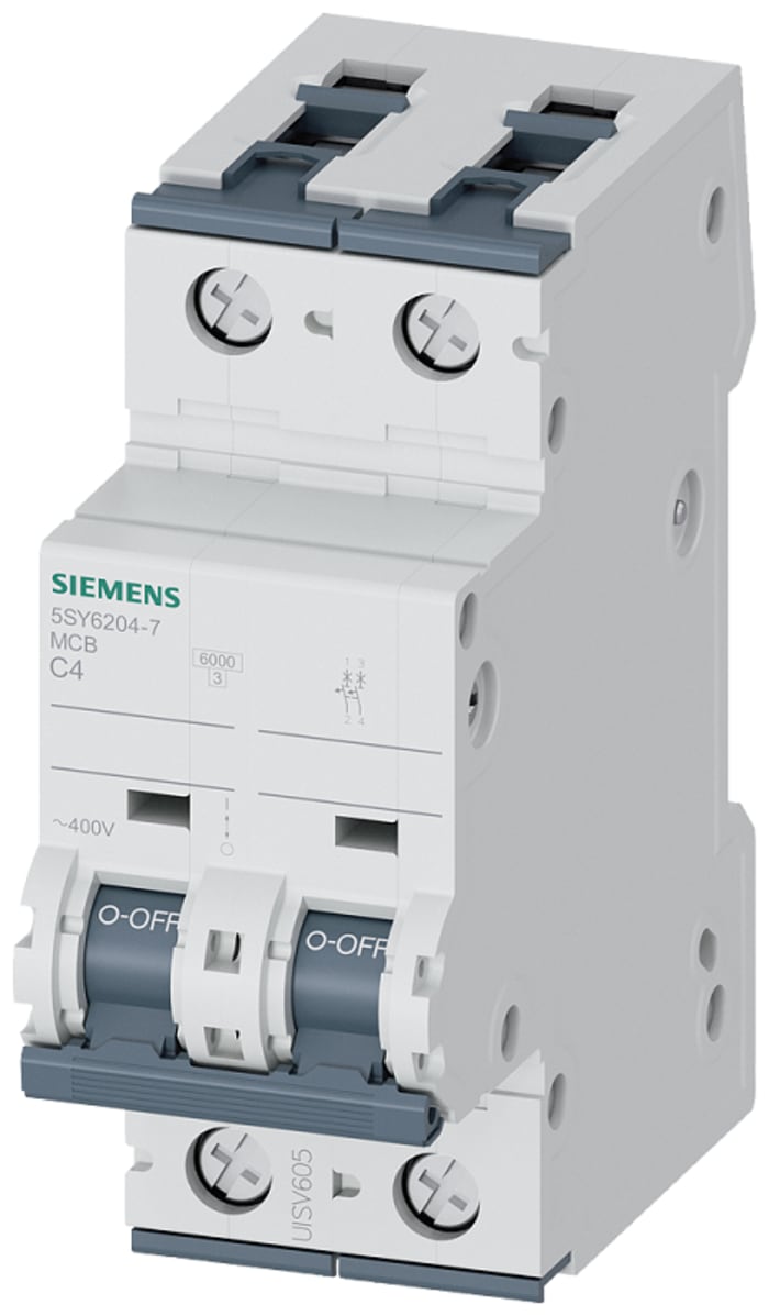 Siemens Sentron 5SY6 MCB, 2P Poles, 4A Curve C, 400V AC, 72V DC, 6 kA Breaking Capacity, MCB