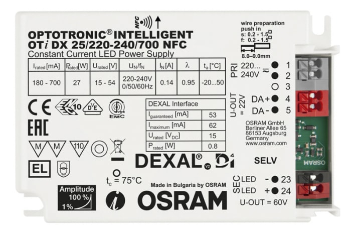 Osram LED Driver, 15 → 50V Output, 35W Output, 700mA Output, Constant Current Dimmable