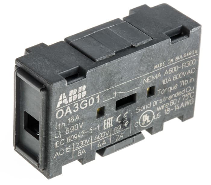 ABB Auxiliary Contact, 1 Contact, 1NC, Snap-On