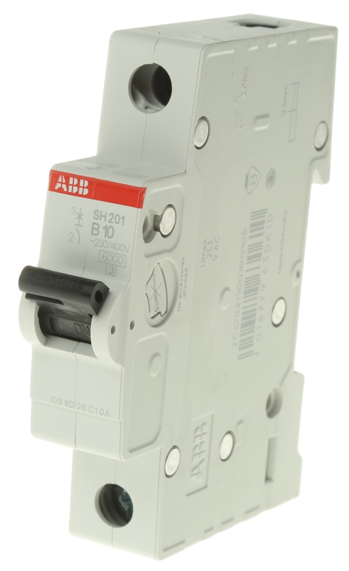 ABB Compact Home SH200 MCB, 1P Poles, 10A Curve B, 440V AC, 60V DC, 6 kA Breaking Capacity, MCB