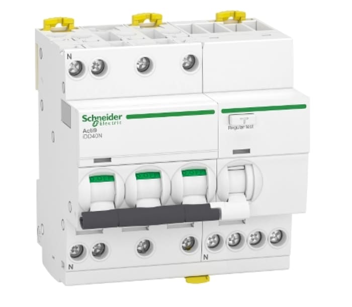 Schneider Electric RCBO, 40A Current Rating, 3P+N Poles, 30mA Trip Sensitivity, Type C, Acti9 Range