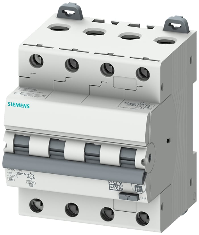 Siemens RCBO, 6A Current Rating, 4P Poles, 300mA Trip Sensitivity, Type C, Sentron Range