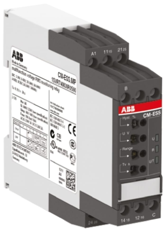 ABB Voltage Monitoring Relay, 1 Phase, DPDT, 3→30 V, 6→60 V, 30→300 V, 60→600 V, DIN Rail