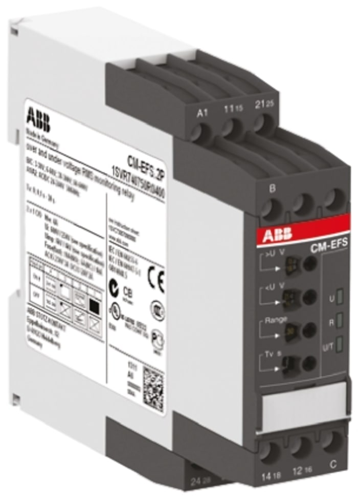 ABB Voltage Monitoring Relay, 1 Phase, DPDT, 3→30 V, 6→60 V, 30→300 V, 60→600 V, DIN Rail