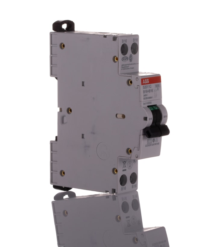 ABB S200C MCB, 2P Poles, 16A Curve B, 240V AC, 6 kA Breaking Capacity, MCB