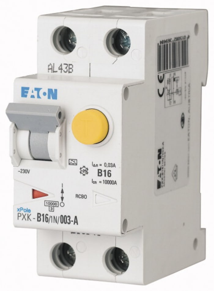 Eaton RCBO, 16A Current Rating, 1P+N Poles, 30mA Trip Sensitivity, Type B, PXK Range
