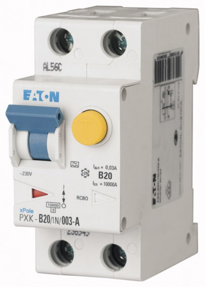 Eaton RCBO, 20A Current Rating, 1P+N Poles, 30mA Trip Sensitivity, Type C, PXK Range