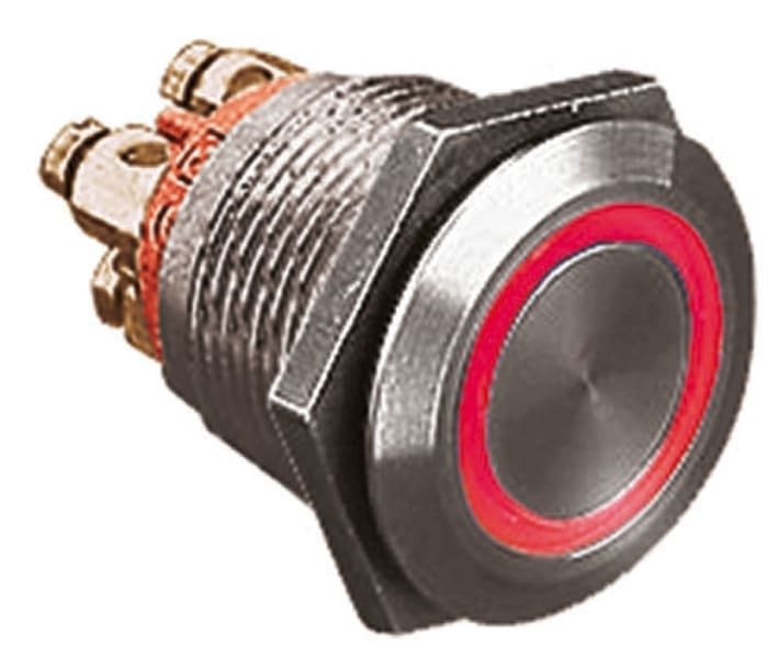 Bulgin MPI002 Series Illuminated Push Button Switch, Momentary, Panel Mount, 19.2mm Cutout, SPST, Red/Blue LED, 24V dc,