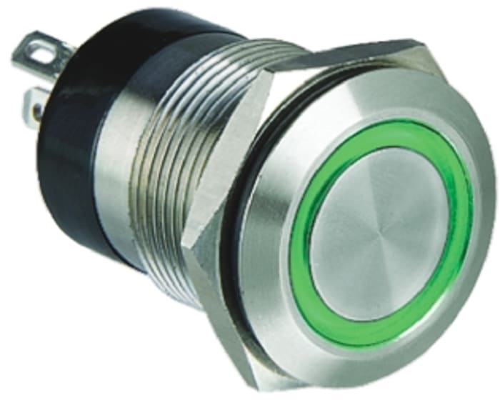 Bulgin MPI002 Series Illuminated Push Button Switch, Momentary, Panel Mount, 19.2mm Cutout, SPST, Green LED, 24V dc,