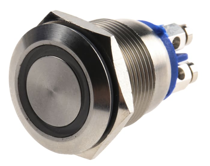 Bulgin MPI002 Series Illuminated Push Button Switch, Momentary, Panel Mount, 19.2mm Cutout, SPST, Blue LED, 24V dc, IP66