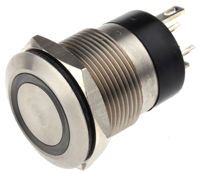 Bulgin MPI002 Series Illuminated Push Button Switch, Momentary, Panel Mount, 19.2mm Cutout, SPST, Blue LED, 24V dc, IP66