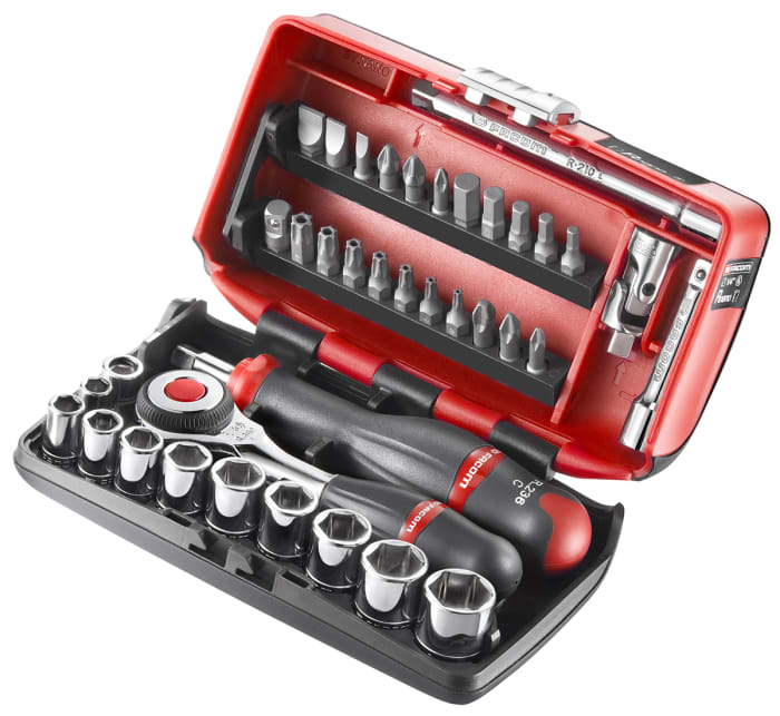 Facom 38-Piece Imperial 1/4 in Standard Socket/Bit Set with Ratchet, 6 point; Hex Bit; Phillips Bit; Pozidriv Bit;