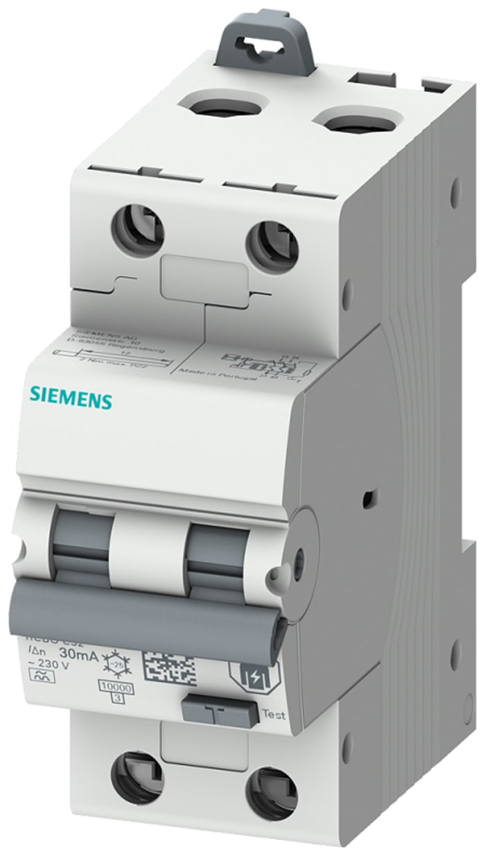 Siemens RCBO, 25A Current Rating, 2P Poles, 30mA Trip Sensitivity, Type C, Sentron Range