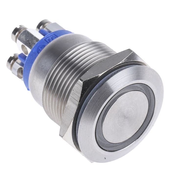 Bulgin MPI002 Series Illuminated Push Button Switch, Momentary, Panel Mount, 19.2mm Cutout, SPST, Blue LED, 24V dc, IP66