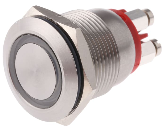 Bulgin MPI002 Series Illuminated Push Button Switch, Momentary, Panel Mount, 19.2mm Cutout, SPST, Red LED, 24V dc, IP66