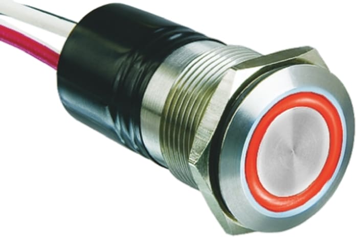 Bulgin MPI002 Series Illuminated Push Button Switch, Momentary, Panel Mount, 19.2mm Cutout, SPST, Red LED, IP66