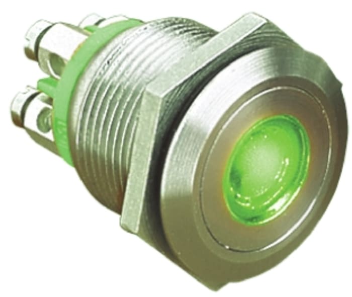 Bulgin MPI001 Series Illuminated Push Button Switch, Momentary, Panel Mount, 19.2mm Cutout, SPST, Green LED, 24V dc,