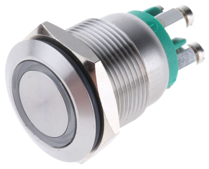 Bulgin MPI002 Series Illuminated Push Button Switch, Momentary, Panel Mount, 19.2mm Cutout, SPST, Green LED, 24V dc,
