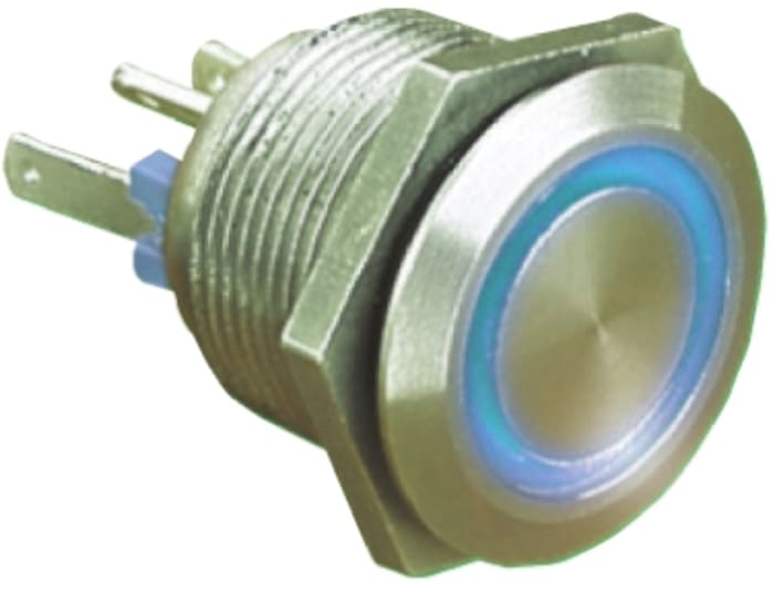 Bulgin MPI002 Series Illuminated Push Button Switch, Momentary, Panel Mount, 19.2mm Cutout, SPST, Blue LED, 24V dc, IP66