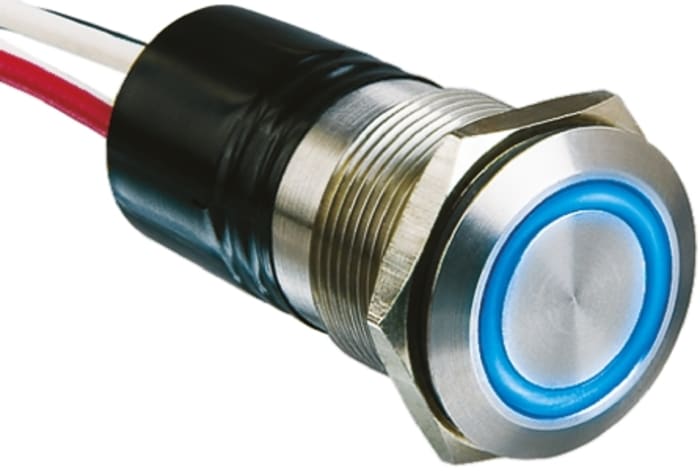 Bulgin MPI002 Series Illuminated Push Button Switch, Momentary, Panel Mount, 19.2mm Cutout, SPST, Blue LED, 24V dc, IP66