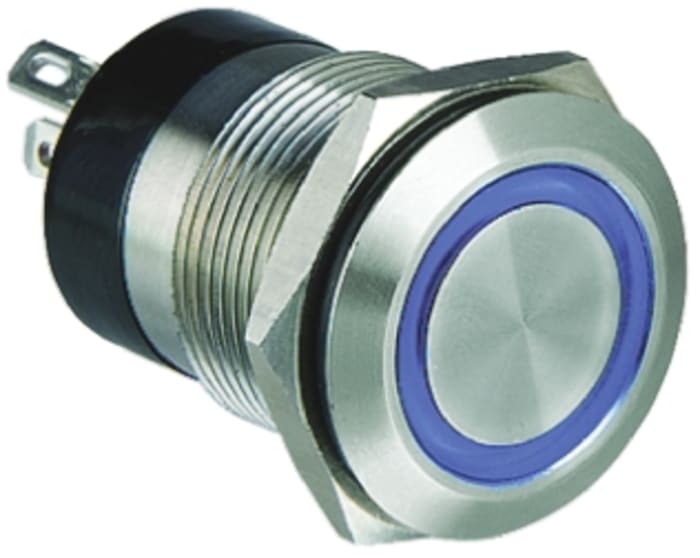 Bulgin MPI002 Series Illuminated Push Button Switch, Momentary, Panel Mount, 19.2mm Cutout, SPST, Blue LED, 6V dc, IP66