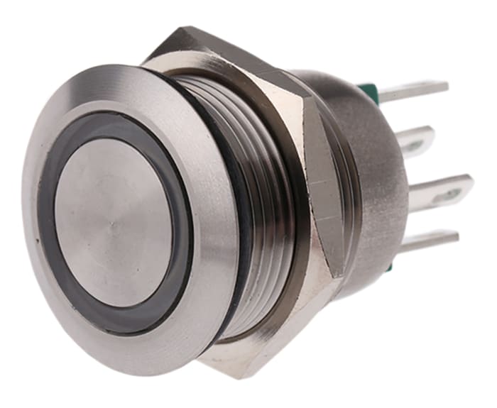 Bulgin MPI002 Series Illuminated Push Button Switch, Momentary, Panel Mount, 19.2mm Cutout, SPST, Green LED, 24V dc,