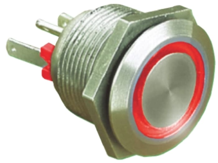 Bulgin MPI002 Series Illuminated Push Button Switch, Momentary, Panel Mount, 19.2mm Cutout, SPST, Red LED, 24V dc, IP66